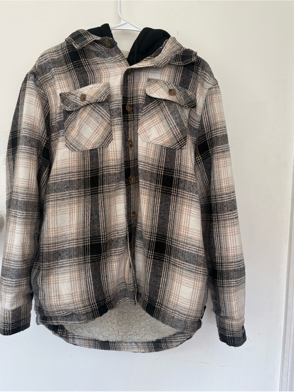 Plaid Hooded Shacket Jacket - Black & Cream